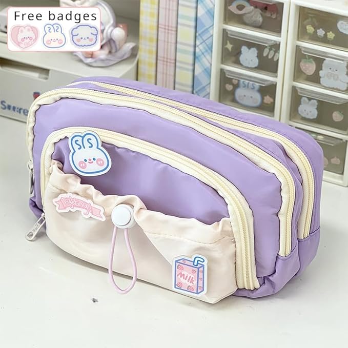 Cute Aesthetic Pencil Case Kawaii Pencil Case with Kawaii Pins Large Pencil Pouch Holder Preppy Supplies (purple)