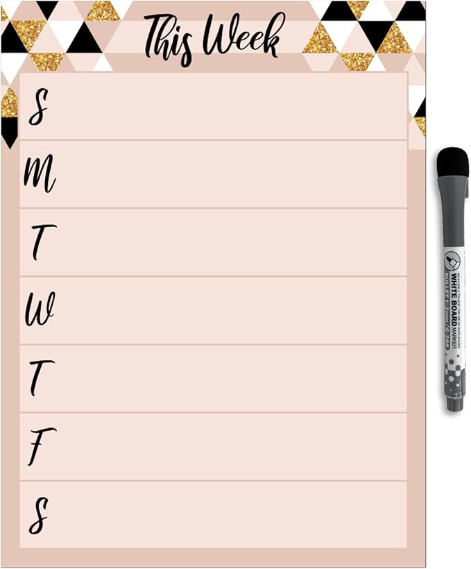 Dry Erase Weekly Calendar Planner Sticker Decal | Removable & Reusable | Magnetic Fine-Tip Marker Included (9 x 12 inches, Rose & Gold)