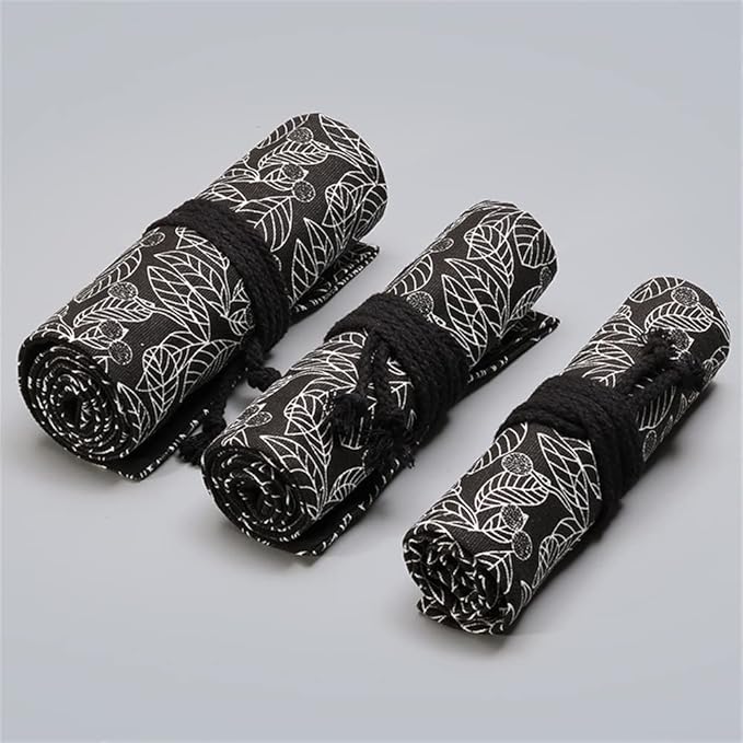 DIYOMR 24/36/72 Slots Pencil Wrap Pencil Rolls, Artist Colored Pencils Roll Up Bag Short Brushes Pouch Case Pencils Organizer for Drawing Coloring and Sketching (Black Leaves, 72slots)