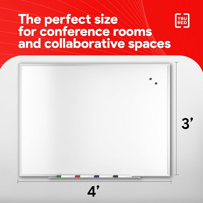 TRU RED Steel Magnetic Whiteboard | Dry Erase Board for Wall, White Board with Satin Frame, 4 ft x 3 ft, 4 Multicolor Markers Included