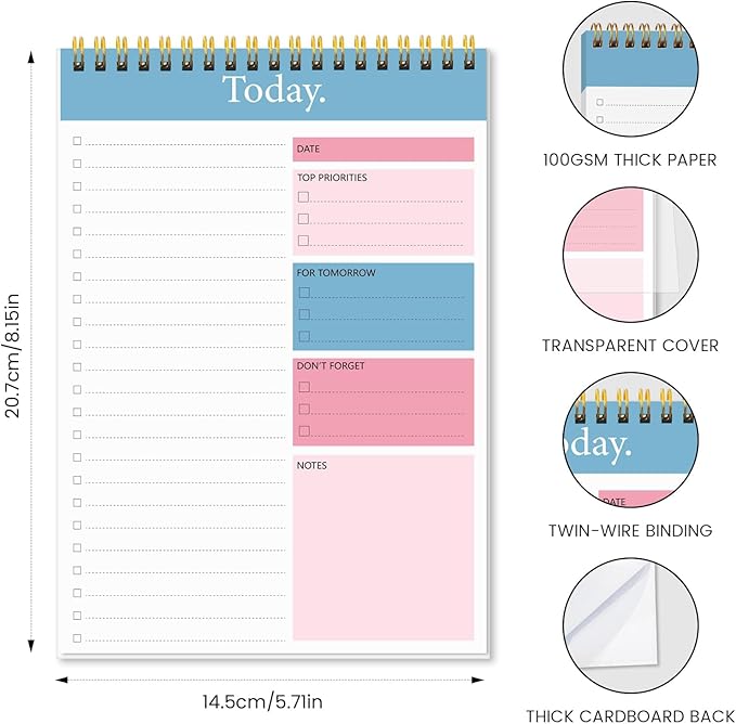 KMQOY To Do List Notepad - 2 Pack Daily Planner Pad Undated 52 Sheets Spiral Today Planner Note Pad Premium Thick Paper 6.5" x 9.8" For Work and Personal Organized- Pink & Blue