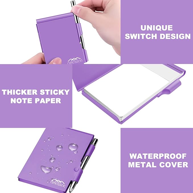 Metal Small Notebook, Mini Notepad, Small Pocket Notepad Aluminum Note Case with Mini Metal Pen and 60-Page Sheets - Memo Books Note Pads, Solid Purple