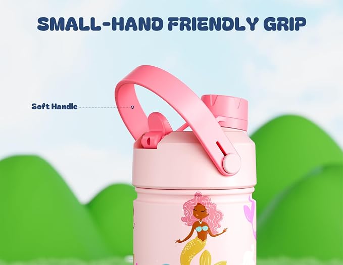12 oz Kids Insulated Water Bottle for School: 2-in-1 Straw Spout Lid, Leakproof, Keep Cold 24H, Reusable Stainless Steel Water Bottle with Straw, Birthday Gift for Girls Daughters (Mermaid Friends)