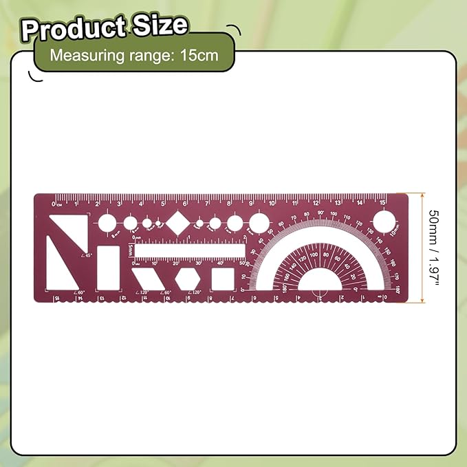 HARFINGTON 2pcs Multifunctional Geometric Rulers 15cm Metric and SAE Aluminum Straight Edge Protractor Angle Math Measuring Ruler Geometric Drawings Templates for Drawing Drafting, Dark Red