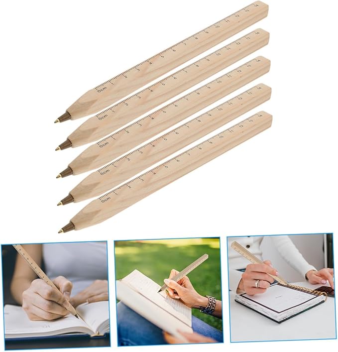 Abaodam Natural Biodegradable Solid Wood Ballpoint Pens with Ruler Printing, Black Carpenter Marker Signature Pen Set 20pcs for Construction and Woodwork