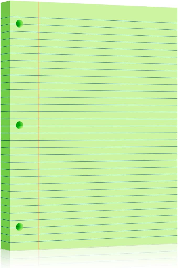 Green Loose Leaf Paper 100 Sheets 8" x 10.5" Filler Paper, College Ruled 3-Hole Punched, Notebook Paper for 3-Ring Binders Notepad Writing Note Pads To-Do Lists for Office & School Supplies