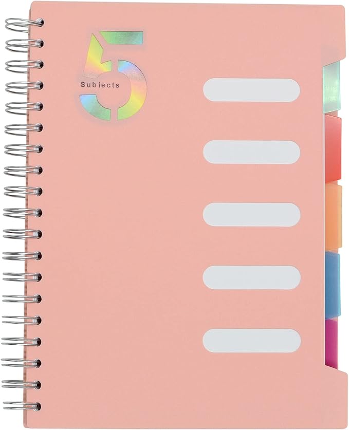 5 Subject Notebook, 1 Pcs Pink 10 Inch x 7 Inch B5 Spiral Notebook With Waterproof Plastic Softcover, 300 Pages 80 Gsm College Ruled Papers With 5 Sheets Colorful Movable Dividers (Pink)