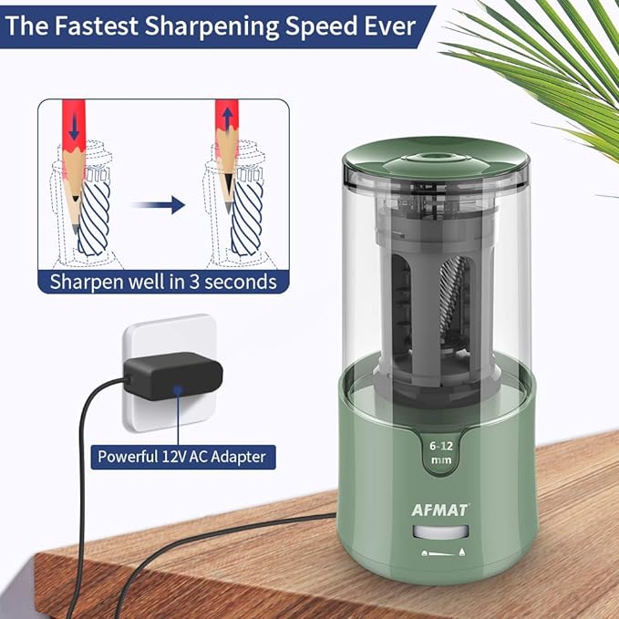 AFMAT Electric Pencil Sharpener, Auto Stop, Super Sharp & Fast, Electric Pencil Sharpener Plug in for 6-12mm No.2/Colored Pencils/Office/Home PS94