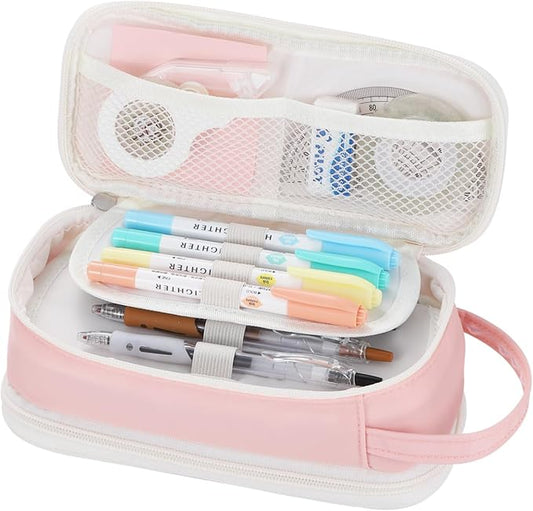 Dugio Large Pencil Bag for Girls School Organizer Pencil Case Big Pink | Teens Kids Zipper Pencil Pouch Aesthetic Pencil Box for School Supplies, Wear-resistant Fabric, Thick Multi-layer Fabric