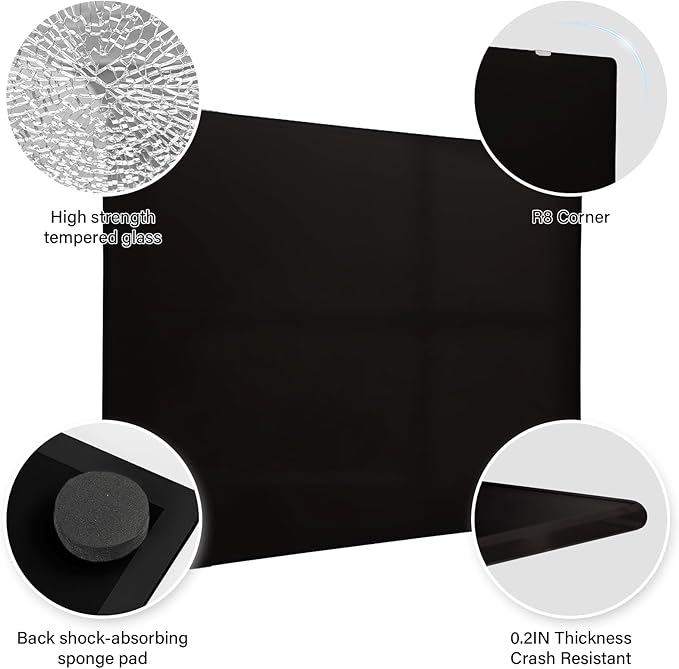 Black Magnetic Glass Dry Erase Board 48" x 36", Tempered Glass Whiteboard, Frameless Wall Mounted Dry Erase Board for Office, Home & Classroom, Easy Clean, Durable & Stain Resistant