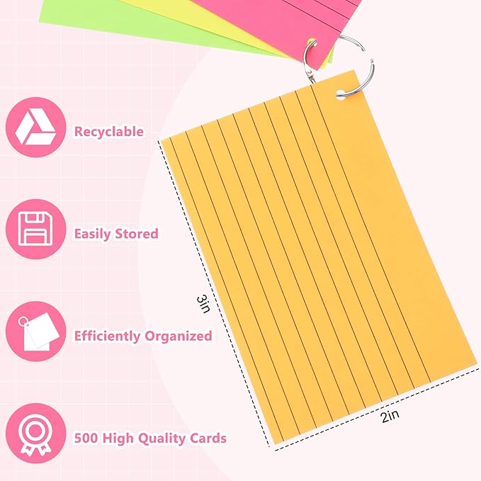Yexiya 500 Pcs Index Cards with Rings Study Supplies Punched Lined Flash Cards with Holes Ruled Single Hole Notes and Metal Rings for Adults Office(4 x 6 Inch,Fresh Color)
