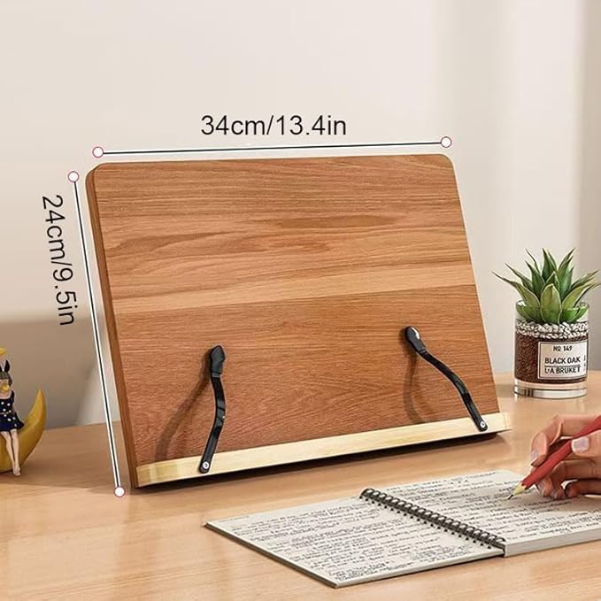 Adjustable Reading Book Stand, Foldable Wooden Book Holders Tray, Portable Reading Bookshelf for Students Reading Drawing Cookbooks Music Score Laptops, Oak Grain (with Clip & Reading Light)