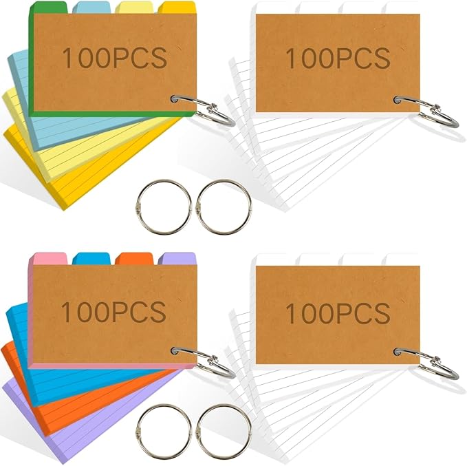 400PCS Tabbed Index Cards with Ring 3x5, Lined Colored Flash Card with Tabs, Assorted Colors Thicken Notecards School Supplies for Students Study Note Office Essentials (ColorA+ColorB+2White)