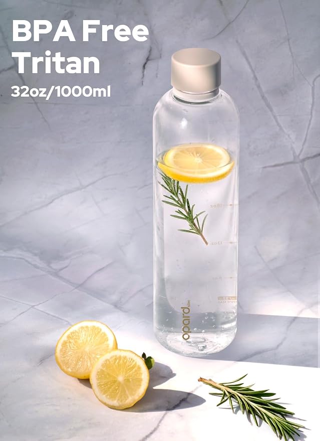Opard Slim Water Bottle 32oz, Dishwasher Safe Plastic Water Bottle BPA-Free, Leakproof Screw Top, Clear Cream, Reusable for Travel School Sport Gym Hiking