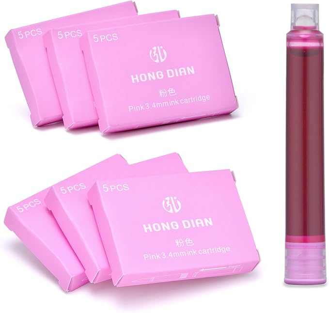 Asvine Hongdian Fountain Pen Pink Ink Cartridges, Set of 30 Refill Ink Cartridges, 3.4 mm Bore Diameter
