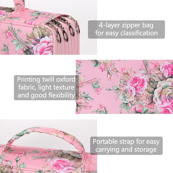 Vomgomfom 300 Slots Marker Bag, 4-Layer Zipper Portable Art Supply Organizer, PU Leather Large Capacity Marker Case Holds 100 Markers or 300 Colored Pencils with Handle (Pink Rose)