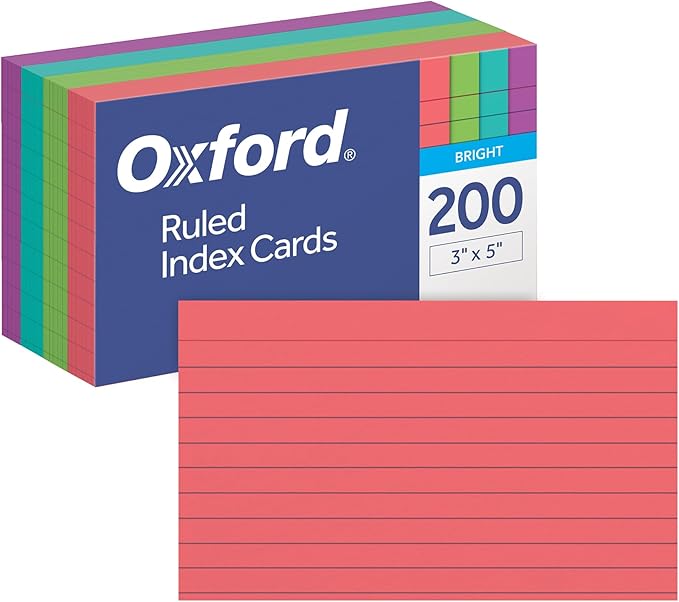 Oxford Ruled Index Cards, Lined Note Cards, Flashcards for School, 4 Assorted Bright Colors: Coral, Green, Teal and Orchid, 3 Inch x 5 Inch, 200 Cards Per Pack (1017488)