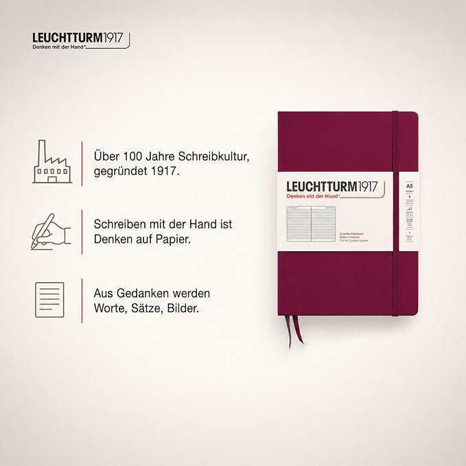 LEUCHTTURM1917 - Notebook Hardcover Medium A5-251 Numbered Pages for Writing and Journaling (Port Red, Ruled)