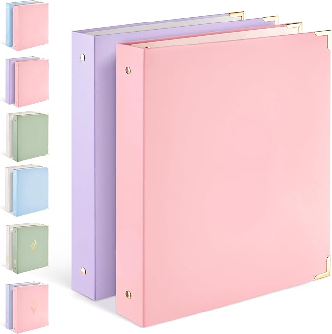 Sooez 2 Pack 3 Ring Binder with Metal Corners, Cute 1 Inch Binders Fits 175 Sheets of Paperwork, Three Ring Recipe Binder with Pocket for Women School Office Supplies, 8.5" x 11", Pink & Purple