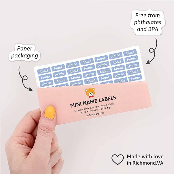 Mini Name Labels (175) - Custom Personalized Name Labels for Labeling Tiny Items, Washer and Dryer-Safe Waterproof Labels for Daycare, Preschool, and School - Periwinkle