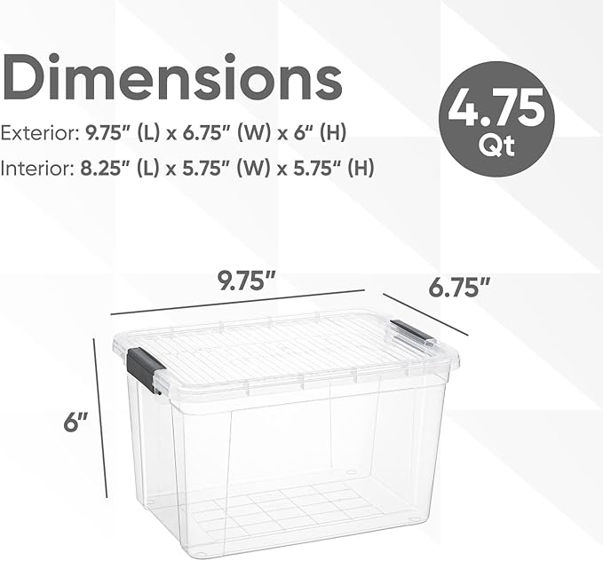 Superio Small Storage Bins with Lids- 3 Pack, 4.75 Qt Clear Boxes for Organizing, Stackable Plastic Containers- BPA Free, Non-Toxic, Odor Free, Organizer for Home, Office, Dorm
