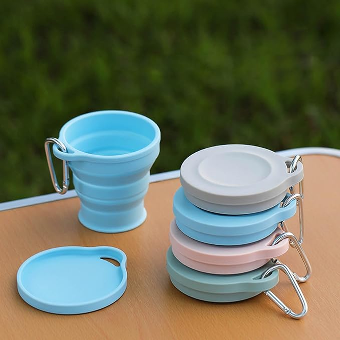 Silicone Travel Mug Folding Camping Cup with Lid Carabiner Expandable Drinking Cups Outdoor Hiking Camping Silicone Cups, Gray