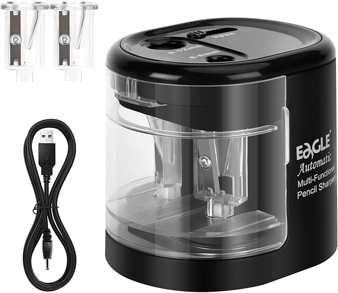 Eagle Electric Pencil Sharpener, Battery or USB Operated, Dual Holes, Dual Blades, fit for Pencils of Size 6-8mm and 9-12mm (Black)