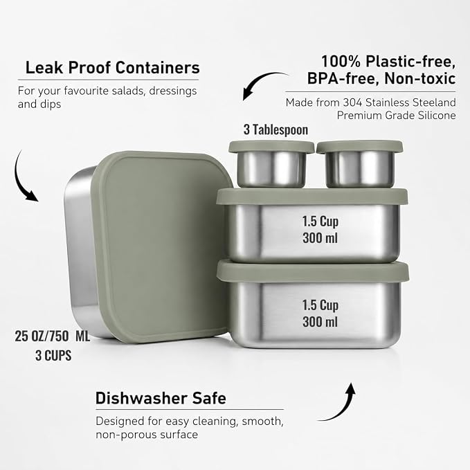 Modaniam Flexibento - Leak proof Stainless Steel Lunch Box,Lunch Containers with Lids,Steel Bento Box,Metal lunch Box,1 * 25 OZ+ 2 * 13 OZ + 2 * 2 OZ,Set Of 5,Sage Set of 5