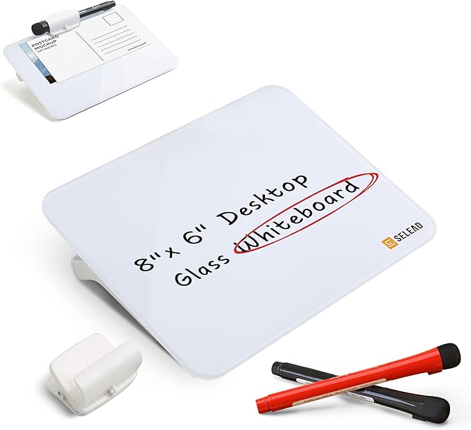 SELEAD Small Dry Erase White Board - 8"x6" Handheld Desktop Glass Clipboard with Pen Holder, Memo Note Whiteboard for Home Office, Reusable Tabletop Writing Teaching Pad