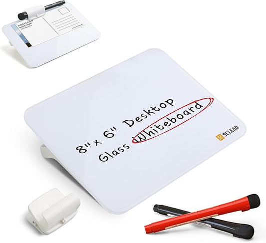 SELEAD Small Dry Erase White Board - 8"x6" Handheld Desktop Glass Clipboard with Pen Holder, Memo Note Whiteboard for Home Office, Reusable Tabletop Writing Teaching Pad