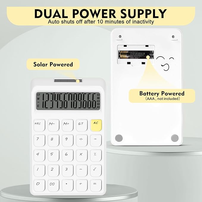 Cute Calculator, Calculators Desktop, White Calculator Big Buttons, Solar and Battery Dual Power, 12-Digits Large LCD Display, Desk Calculators for Office Home School Basic Business (White)