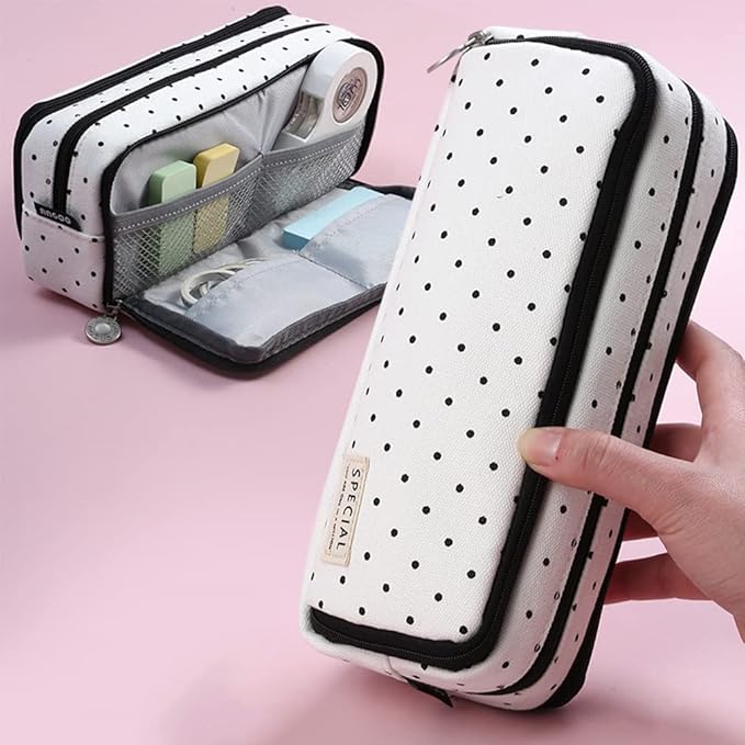 iSuperb Large Pencil Case Big Capacity Pencil Pouch 3 Compartments Pen Bag Canvas Marker Pen Bag for Teen Boys Girls School Students (Black Polka Dot)