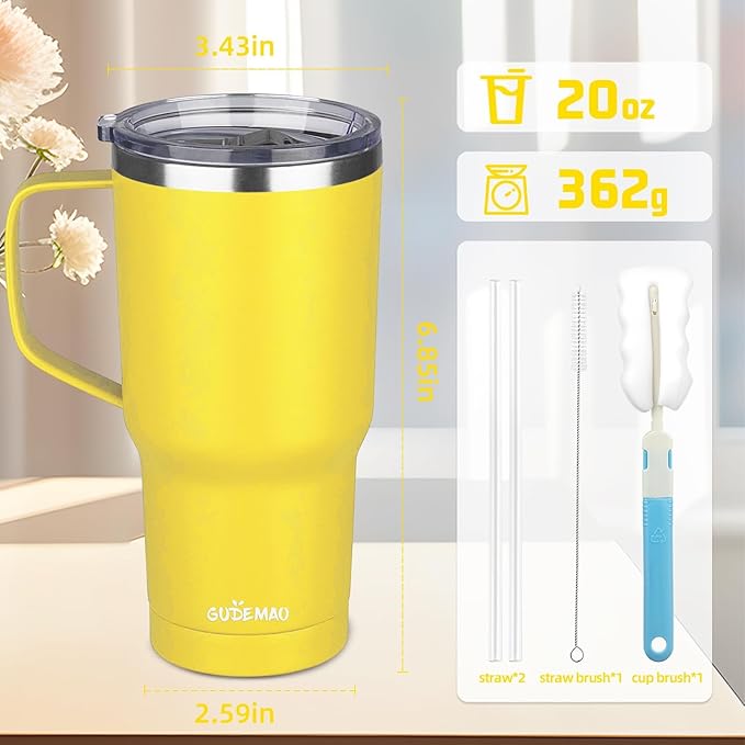 20 oz Insulated Coffee Mug with Ceramic Coating, Stainless Steel Travel Mug Tumbler with Handle Lid and Straw, Double Wall Leak-Proof Coffee Travel Mug Keeps Drink Hot and Cold (Yellow)
