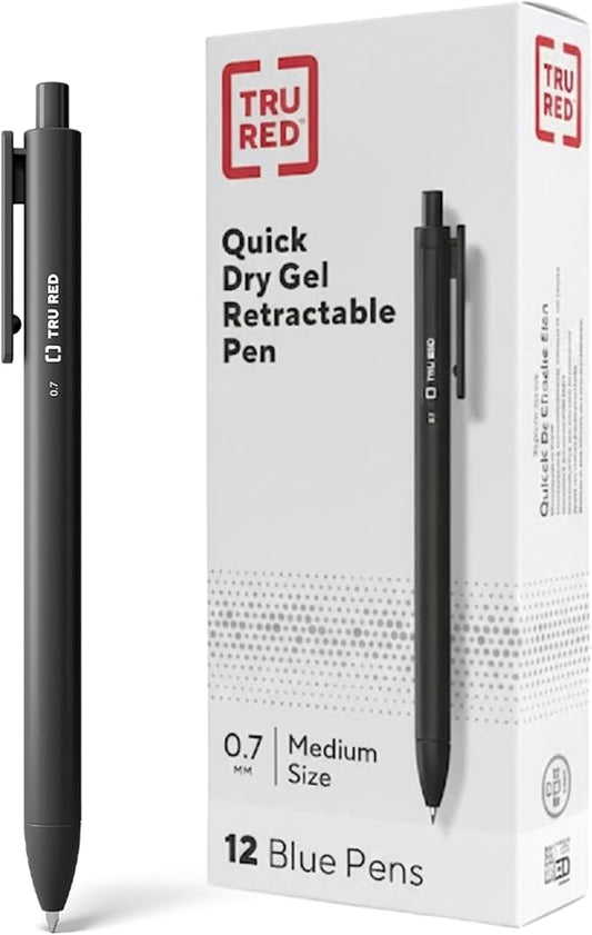 TRU RED Retractable Gel Pens, Medium Point 0.7mm, Black Ink, 12 Pack – Quick‑Dry Pens for No‑Smear Notes & Office Writing