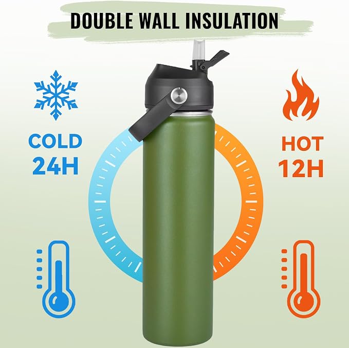 Fijinhom 24oz Insulated Stainless Steel Water Bottle, Wide Mouth Double Wall Vacuum, Silicone Straw, Sweat & Leak Proof, BPA Free Insulated Water Flask for Travel, Keep Cold 24h Hot 12h, Green
