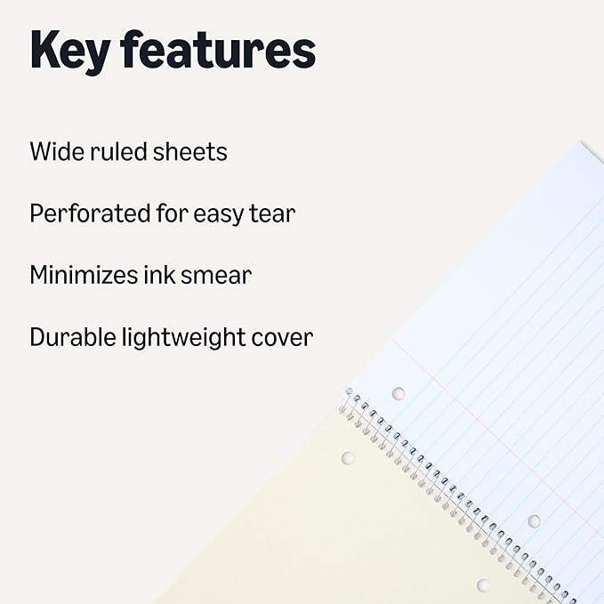 Amazon Basics Wide Ruled Spiral Notebooks, 8" x 10-1/2", 70 Sheets, Assorted Pastel Solid Colors, 5 Pack