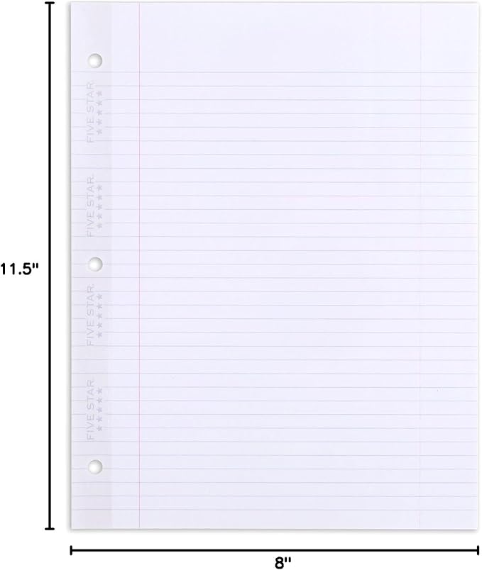 Five Star Insertable Loose Leaf Paper, 3 Pack, Notebook Paper, College Ruled Filler Paper to Add Pages, Reinforced, 8-1/2" x 11", 75 Sheets per Pack (52168)