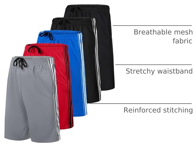 Real Essentials 5 Pack: Boys' Mesh Basketball Athletic Shorts with Pockets – Teen Kids Youth Quick Dry Soccer Running Gym