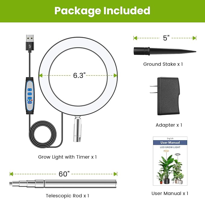 Kullsinss 6.3in Grow Light, Full Spectrum Plant Lights for Indoor Growing | Black Grow Lamp with 6/12/16H Auto Timer, 5 Brightness Level, 10-60in Height Adjustable, for Tall Houseplants & Indoor Garden