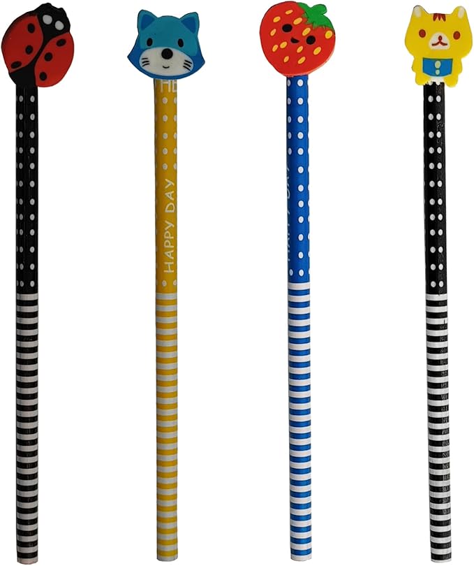 28PCS Assorted Cartoon Stripe Colored Wooden Pencils with Fruit Animal Top Pencil Erasers for Kids School Supplies and Children Prize Gifts, 28 Count (Pack of 1)