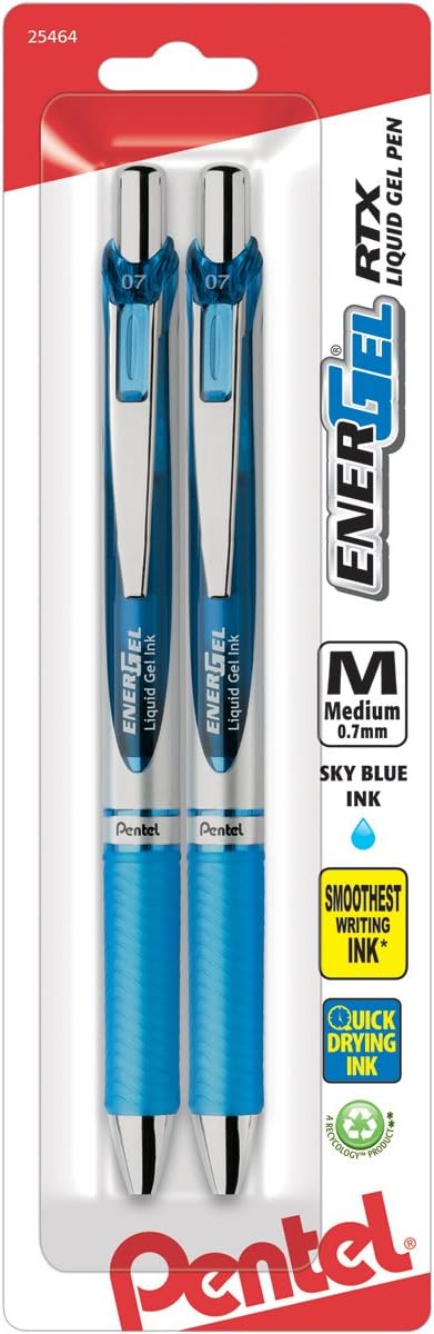 Pentel EnerGel Deluxe RTX Retractable Liquid Gel Pen, Medium Line, Metal Tip, Sky Blue Ink, 2 Pack (BL77BP2S)