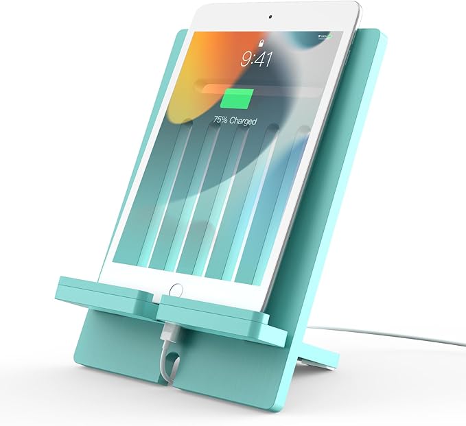 Pezin & Hulin Bamboo Tablet Stand, Adjustable Wood Pad Holder, Desktop Cell Phone Stand Holder Dock Compatible with Tablet, E-Reader, and All Phone (Support to 4.7-13" Devices) - Teal