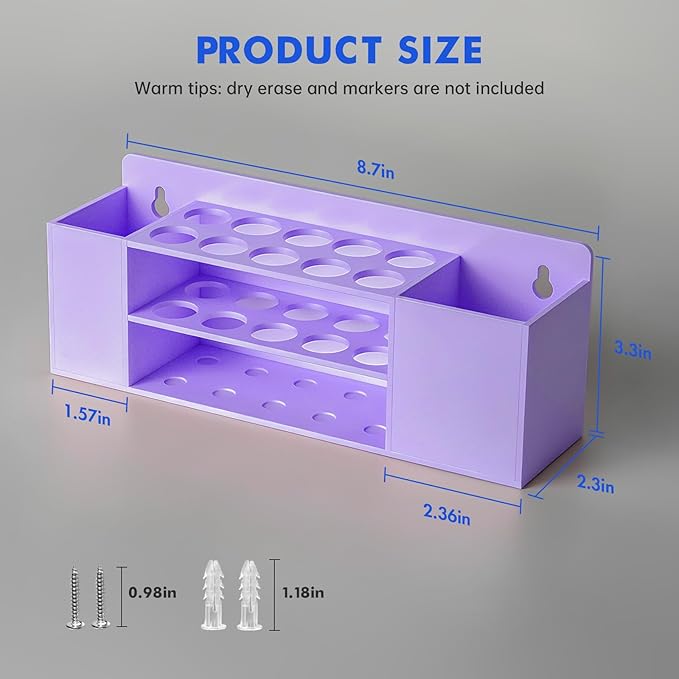 Magnetic Dry Erase Marker Holder for Whiteboard, Wall Mount Pen Holder for Refrigerator, Clear Pencil Holder for Fridge, Strong Magnet Locker Organizer for Classroom(Purple)