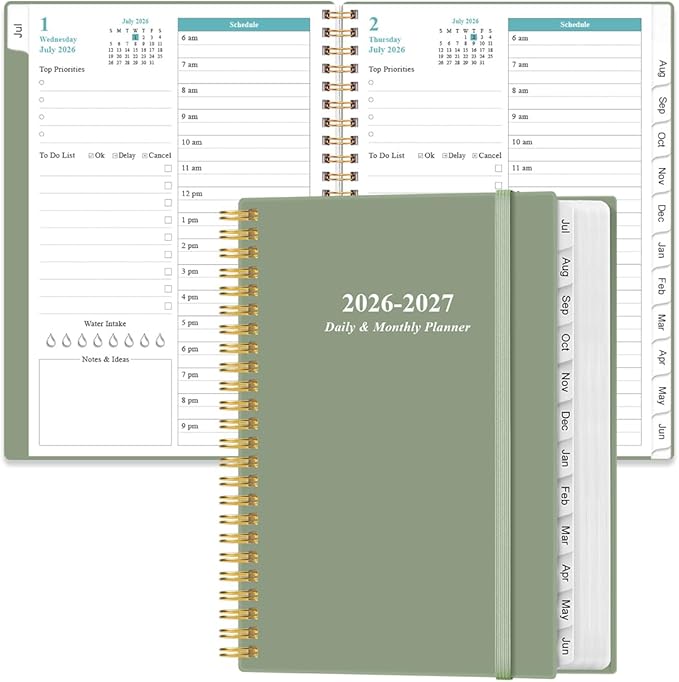 2026-2027 Daily & Monthly Planner - One Page Per Day, Daily Planner 2026 from July 2026 to June 2027, Planner 2026-2027 with 12 Monthly Tabs, 6.4" x 8.5", Green