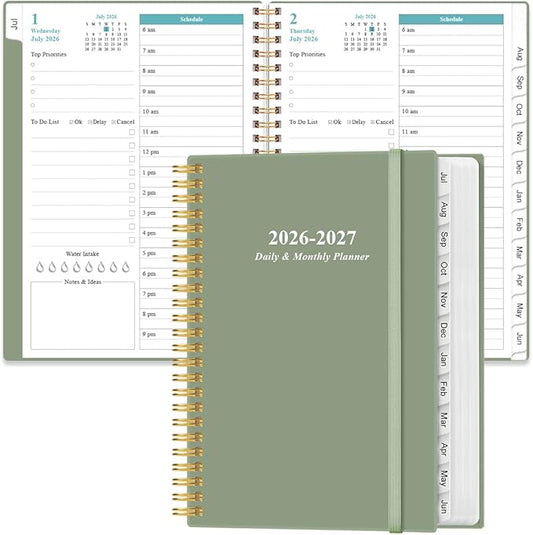 2026-2027 Daily & Monthly Planner - One Page Per Day, Daily Planner 2026 from July 2026 to June 2027, Planner 2026-2027 with 12 Monthly Tabs, 6.4" x 8.5", Green