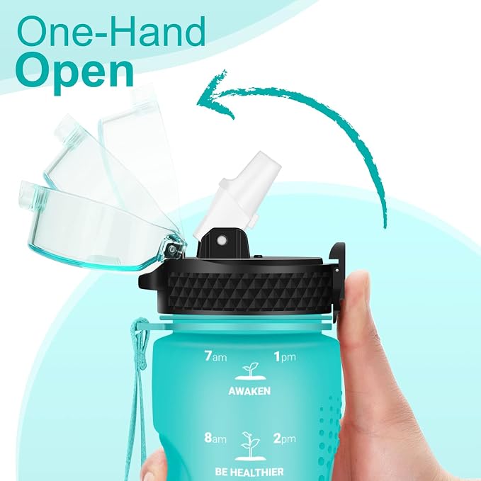 24 OZ Motivational Kids Water Bottle With Time Marker,Straw Lid,Leak Proof, Tritan BPA Free Sports Water Bottle Green(1 Lid)