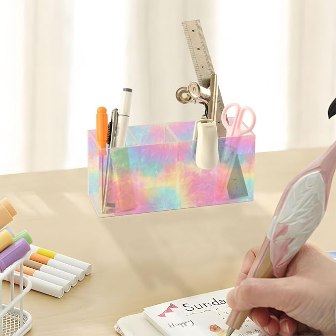 Aslsiy Tie Dye Spiral (19) Pen Holder for Women 4 Compartments Acrylic Pencil Holder Clear Makeup Brush Holder Desk Organizer Office Supplies