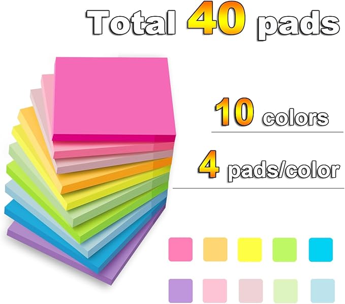 (40 Pads) Sticky Notes 3x3 in,Bright Colors Notepads,Colorful Stickies,Super Sticking Power,Memo Note Pads,Post on Windows Doors,Office,School,Strong Adhesive,Recyclable,Easy to Write on,Hold Well
