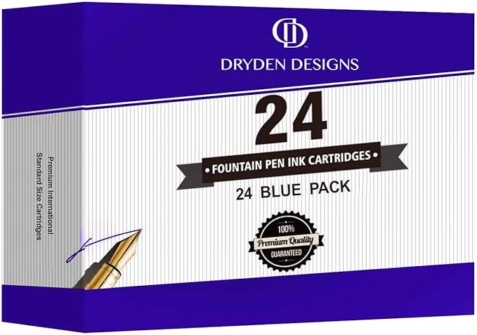Dryden Designs Fountain Pen Ink Cartridges - Set of 24 Assorted Colors: Black, Blue, Green, Purple, Red, Pink - Short International Standard Size - Disposable and Generic Ink Refill Cartridges.
