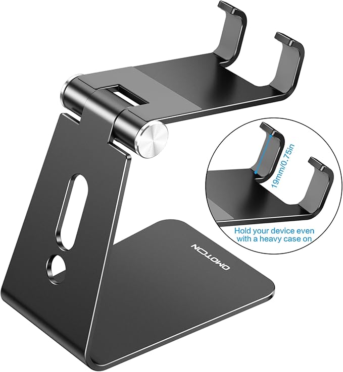 OMOTON Adjustable Cell Phone Stand, C2 Aluminum Desktop Phone Holder Dock Compatible with iPhone 15 14 13 Xs XR 8 Plus 7 6, Samsung Galaxy, Google Pixel, Android Phones, Black